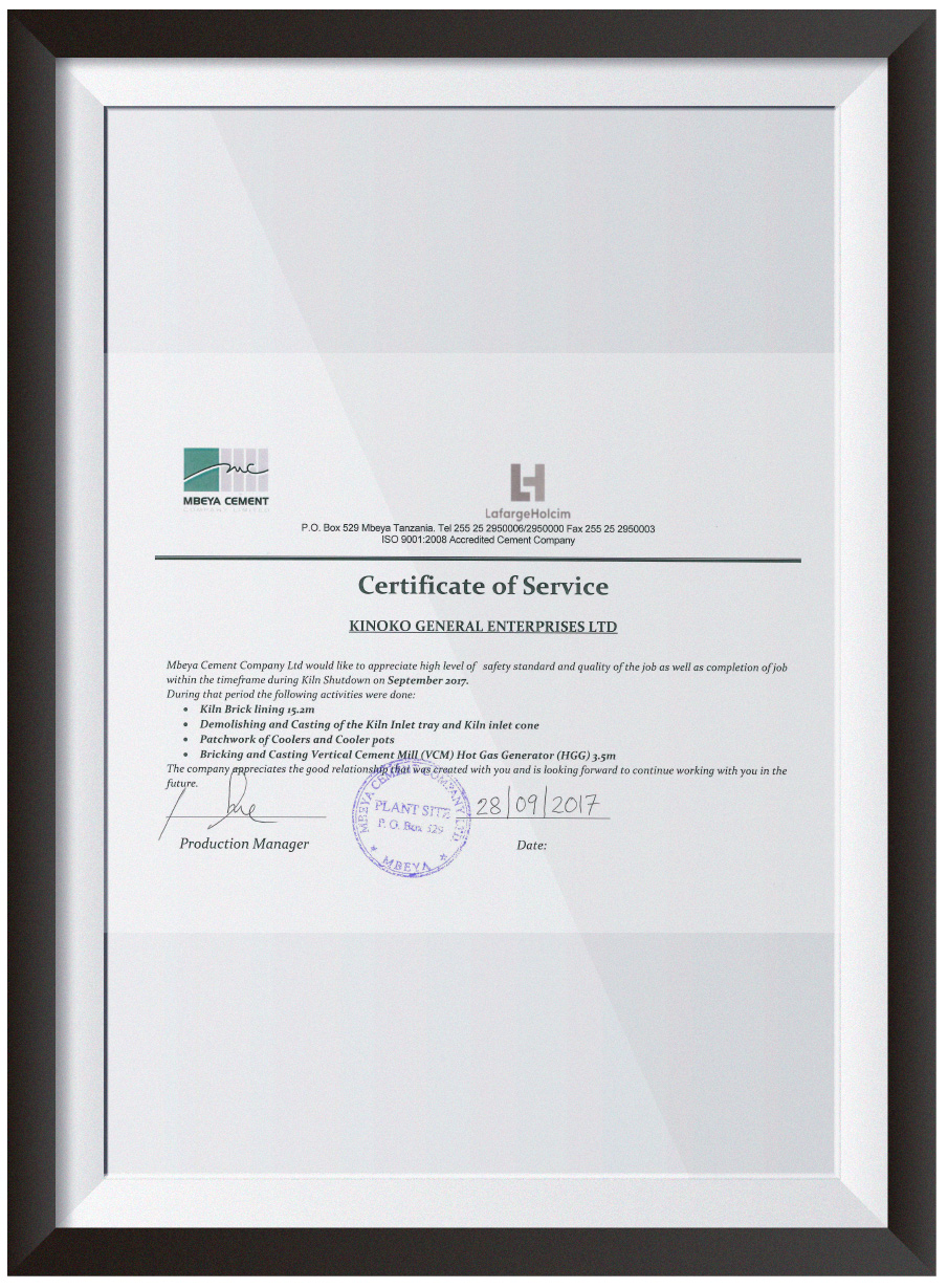 Enterprise qualifications KINOKO GENERAL ENTERPRISES