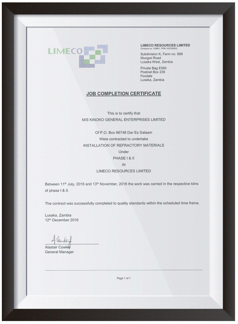 Enterprise qualifications KINOKO GENERAL ENTERPRISES